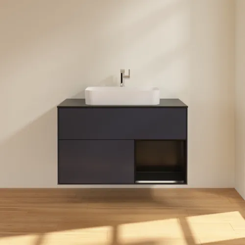 VILLEROY BOCH Toaletní skříňka Finion, s osvětlením, 2 výsuvy, 1000 x 603 x 501 mm, Midnight Blue Matt Lacquer / Black Matt Lacquer / Glass Black Matt #F372PDHG, obrázek 3