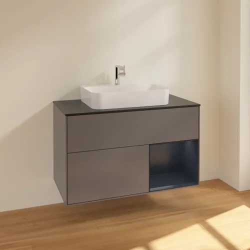 VILLEROY BOCH Toaletní skříňka Finion, s osvětlením, 2 výsuvy, 1000 x 603 x 501 mm, antracitový matný lak / půlnoční modrý matný lak / černé matné sklo #F372HGGK, obrázek 2