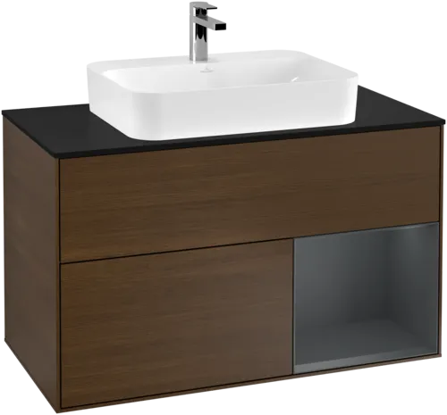 VILLEROY BOCH Toaletní skříňka Finion, s osvětlením, 2 výsuvy, 1000 x 603 x 501 mm, ořechová dýha / půlnočně modrý matný lak / černé matné sklo #F372HGGN