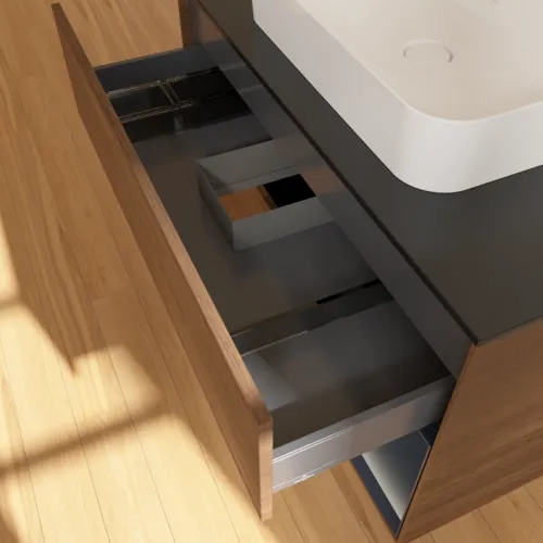 VILLEROY BOCH Toaletní skříňka Finion, s osvětlením, 2 výsuvy, 1000 x 603 x 501 mm, ořechová dýha / půlnočně modrý matný lak / černé matné sklo #F372HGGN, obrázek 8