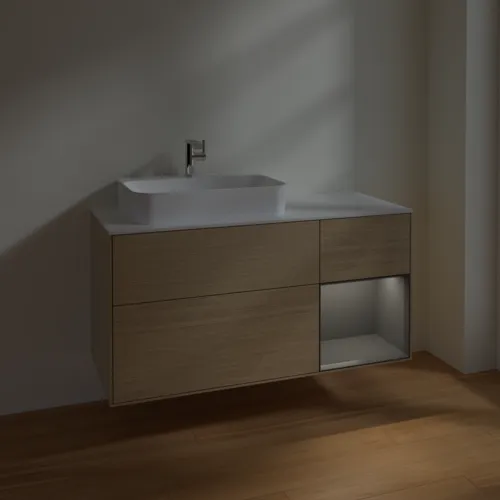 VILLEROY BOCH Toaletní skříňka Finion, s osvětlením, 3 výsuvy, 1200 x 603 x 501 mm, dubová dýha / antracitový matný lak / bílé matné sklo #F401GKPC, obrázek 5