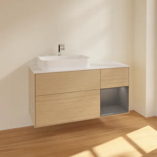 VILLEROY BOCH Toaletní skříňka Finion, s osvětlením, 3 výsuvy, 1200 x 603 x 501 mm, dubová dýha / antracitový matný lak / bílé matné sklo #F401GKPC, obrázek 2