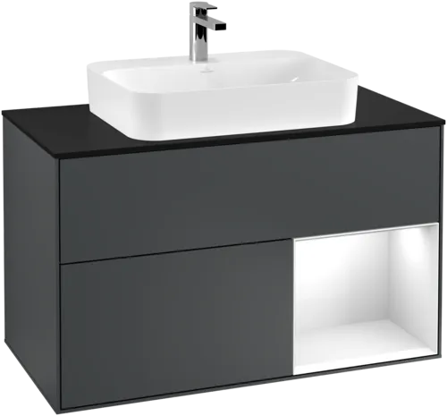 VILLEROY BOCH Toaletní skříňka Finion, s osvětlením, 2 výsuvy, 1000 x 603 x 501 mm, Midnight Blue Matt Lacquer / Glossy White Lacquer / Glass Black Matt #F372GFHG