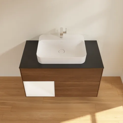 VILLEROY BOCH Toaletní skříňka Finion, s osvětlením, 2 výsuvy, 1000 x 603 x 501 mm, ořechová dýha / bílý matný lak / černé matné sklo #F362MTGN, obrázek 4