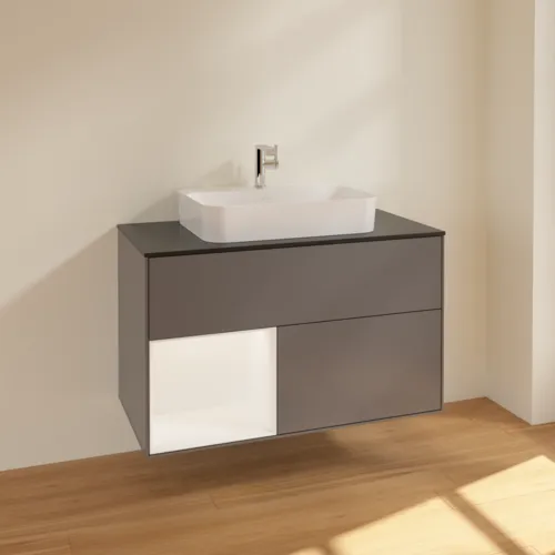 VILLEROY BOCH Toaletní skříňka Finion, s osvětlením, 2 výsuvy, 1000 x 603 x 501 mm, antracitový matný lak / bílý matný lak / černé matné sklo #F362MTGK, obrázek 2