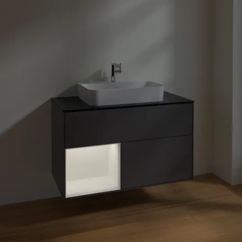 VILLEROY BOCH Toaletní skříňka Finion, s osvětlením, 2 výsuvy, 1000 x 603 x 501 mm, antracitový matný lak / bílý matný lak / černé matné sklo #F362MTGK, obrázek 5