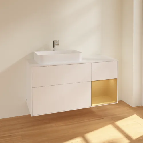 VILLEROY BOCH Toaletní skříňka Finion, s osvětlením, 3 výsuvy, 1200 x 603 x 501 mm, bílý matný lak / zlatý matný lak / bílé matné sklo #F401HFMT, obrázek 2