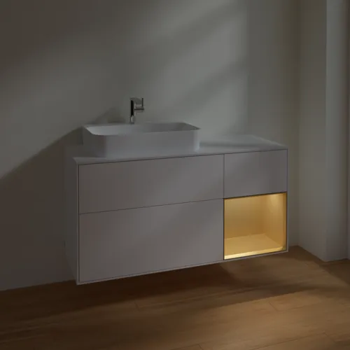 VILLEROY BOCH Toaletní skříňka Finion, s osvětlením, 3 výsuvy, 1200 x 603 x 501 mm, bílý matný lak / zlatý matný lak / bílé matné sklo #F401HFMT, obrázek 5