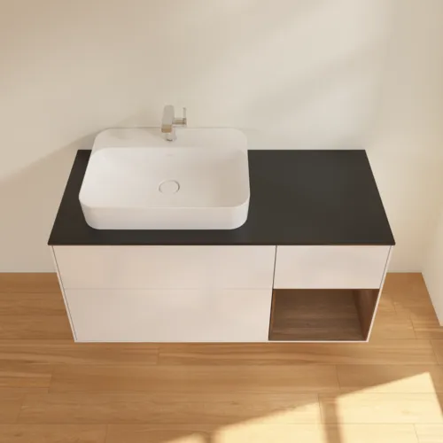 VILLEROY BOCH Toaletní skříňka Finion, s osvětlením, 3 výsuvy, 1200 x 603 x 501 mm, lesklý bílý lak / ořechová dýha / černé matné sklo #F402GNGF, obrázek 4