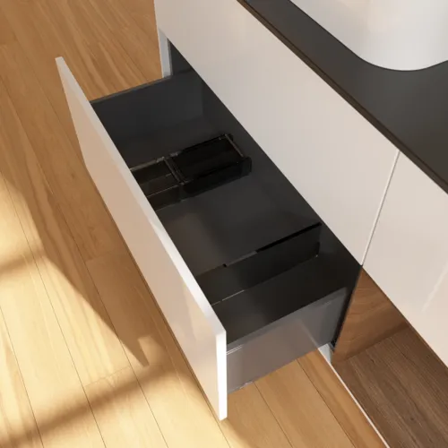 VILLEROY BOCH Toaletní skříňka Finion, s osvětlením, 3 výsuvy, 1200 x 603 x 501 mm, lesklý bílý lak / ořechová dýha / černé matné sklo #F402GNGF, obrázek 7