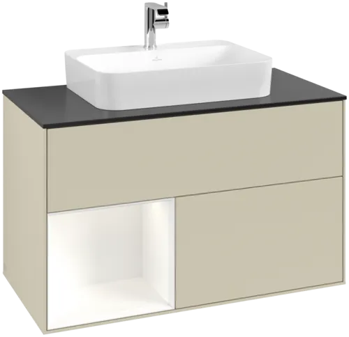 VILLEROY BOCH Toaletní skříňka Finion, s osvětlením, 2 výsuvy, 1000 x 603 x 501 mm, hedvábně šedý matný lak / bílý matný lak / černé matné sklo #F362MTHJ