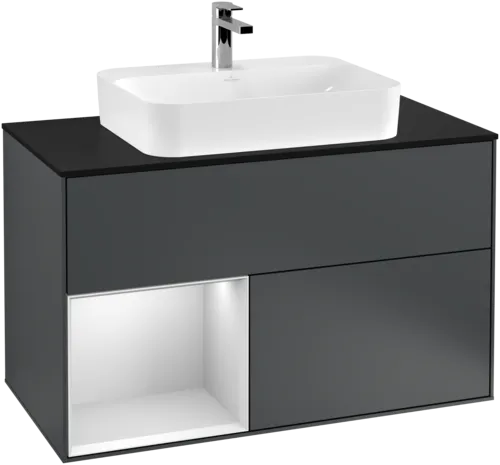 VILLEROY BOCH Toaletní skříňka Finion, s osvětlením, 2 výsuvy, 1000 x 603 x 501 mm, Midnight Blue Matt Lacquer / White Matt Lacquer / Glass Black Matt #F362MTHG, obrázek 1