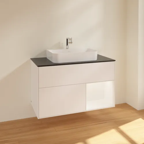 VILLEROY BOCH Toaletní skříňka Finion, s osvětlením, 2 výsuvy, 1000 x 603 x 501 mm, bílý matný lak / bílý matný lak / černé matné sklo #F372MTMT, obrázek 2
