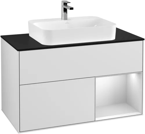 VILLEROY BOCH Toaletní skříňka Finion, s osvětlením, 2 výsuvy, 1000 x 603 x 501 mm, bílý matný lak / bílý matný lak / černé matné sklo #F372MTMT