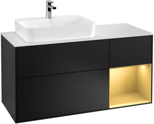 VILLEROY BOCH Toaletní skříňka Finion, s osvětlením, 3 výsuvy, 1200 x 603 x 501 mm, černý matný lak / zlatý matný lak / bílé matné sklo #F401HFPD, obrázek 1