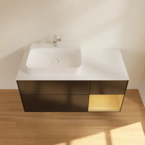 VILLEROY BOCH Toaletní skříňka Finion, s osvětlením, 3 výsuvy, 1200 x 603 x 501 mm, černý matný lak / zlatý matný lak / bílé matné sklo #F401HFPD, obrázek 4