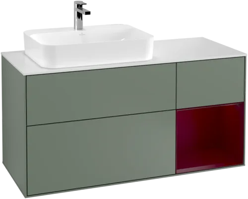 VILLEROY BOCH Toaletní skříňka Finion, s osvětlením, 3 výsuvy, 1200 x 603 x 501 mm, olivový matný lak / pivoňkový matný lak / bílé matné sklo #F401HBGM