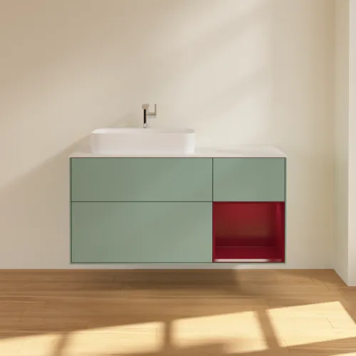 VILLEROY BOCH Toaletní skříňka Finion, s osvětlením, 3 výsuvy, 1200 x 603 x 501 mm, olivový matný lak / pivoňkový matný lak / bílé matné sklo #F401HBGM, obrázek 3