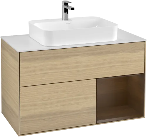 VILLEROY BOCH Umyvadlová skříňka Finion, s osvětlením, 2 výsuvy, 1000 x 603 x 501 mm, dubová dýha / ořechová dýha / sklo bílé matné #F371GNPC, obrázek 1