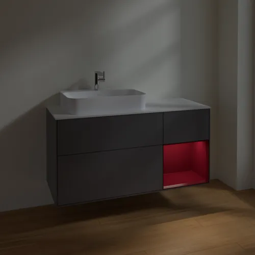 VILLEROY BOCH Toaletní skříňka Finion, s osvětlením, 3 výsuvy, 1200 x 603 x 501 mm, antracitový matný lak / pivoňkový matný lak / bílé matné sklo #F401HBGK, obrázek 5