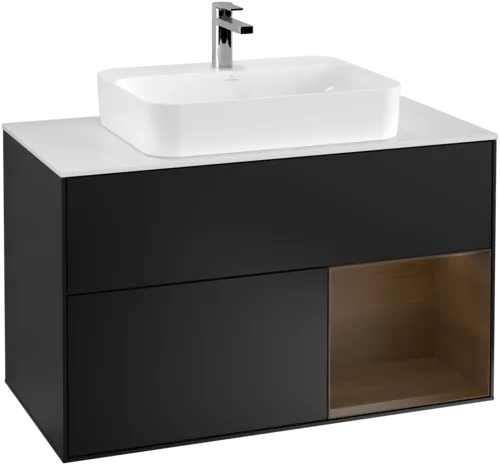 VILLEROY BOCH Toaletní skříňka Finion, s osvětlením, 2 výsuvy, 1000 x 603 x 501 mm, černý matný lak / ořechová dýha / sklo bílé matné #F371GNPD, obrázek 1