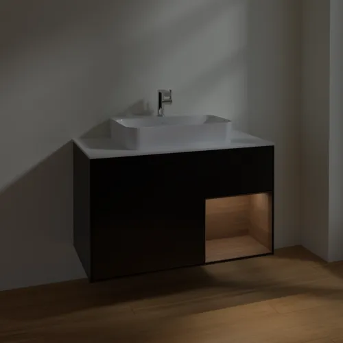 VILLEROY BOCH Toaletní skříňka Finion, s osvětlením, 2 výsuvy, 1000 x 603 x 501 mm, černý matný lak / ořechová dýha / sklo bílé matné #F371GNPD, obrázek 5