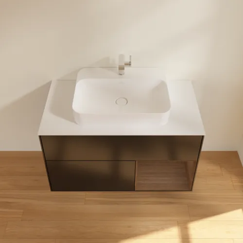 VILLEROY BOCH Toaletní skříňka Finion, s osvětlením, 2 výsuvy, 1000 x 603 x 501 mm, černý matný lak / ořechová dýha / sklo bílé matné #F371GNPD, obrázek 4