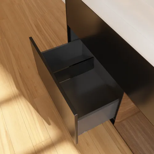 VILLEROY BOCH Toaletní skříňka Finion, s osvětlením, 2 výsuvy, 1000 x 603 x 501 mm, černý matný lak / ořechová dýha / sklo bílé matné #F371GNPD, obrázek 7