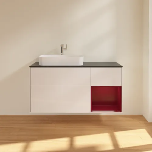 VILLEROY BOCH Toaletní skříňka Finion, s osvětlením, 3 výsuvy, 1200 x 603 x 501 mm, lesklý bílý lak / matný lak Pivoňka / matné černé sklo #F402HBGF, obrázek 3