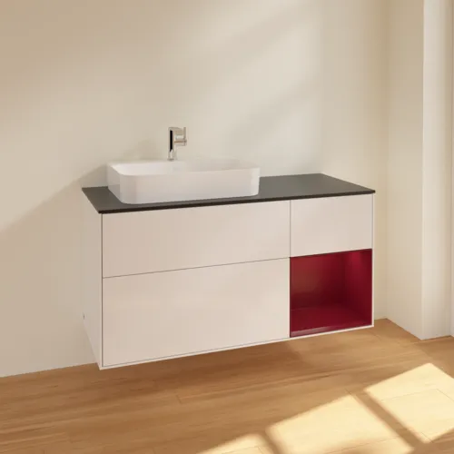VILLEROY BOCH Toaletní skříňka Finion, s osvětlením, 3 výsuvy, 1200 x 603 x 501 mm, lesklý bílý lak / matný lak Pivoňka / matné černé sklo #F402HBGF, obrázek 2