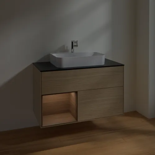 VILLEROY BOCH Toaletní stolek Finion, s osvětlením, 2 výsuvy, 1000 x 603 x 501 mm, dubová dýha / ořechová dýha / sklo černé matné #F362GNPC, obrázek 5