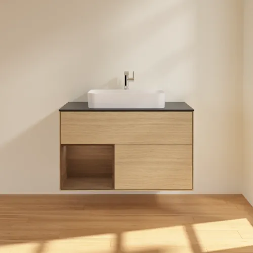 VILLEROY BOCH Toaletní stolek Finion, s osvětlením, 2 výsuvy, 1000 x 603 x 501 mm, dubová dýha / ořechová dýha / sklo černé matné #F362GNPC, obrázek 3
