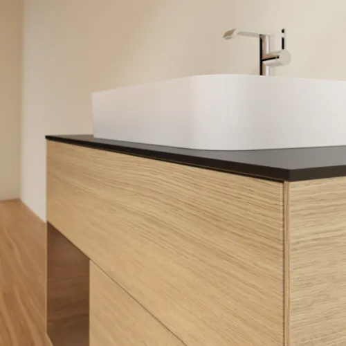 VILLEROY BOCH Toaletní stolek Finion, s osvětlením, 2 výsuvy, 1000 x 603 x 501 mm, dubová dýha / ořechová dýha / sklo černé matné #F362GNPC, obrázek 6