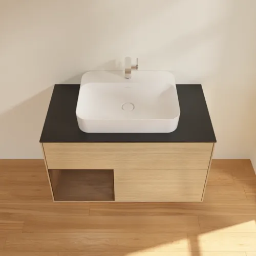 VILLEROY BOCH Toaletní stolek Finion, s osvětlením, 2 výsuvy, 1000 x 603 x 501 mm, dubová dýha / ořechová dýha / sklo černé matné #F362GNPC, obrázek 4
