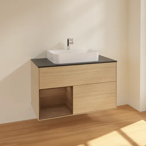 VILLEROY BOCH Toaletní stolek Finion, s osvětlením, 2 výsuvy, 1000 x 603 x 501 mm, dubová dýha / ořechová dýha / sklo černé matné #F362GNPC, obrázek 2