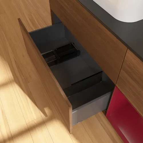 VILLEROY BOCH Toaletní skříňka Finion, s osvětlením, 3 výsuvy, 1200 x 603 x 501 mm, ořechová dýha / matný lak Pivoňka / černé matné sklo #F402HBGN, obrázek 7