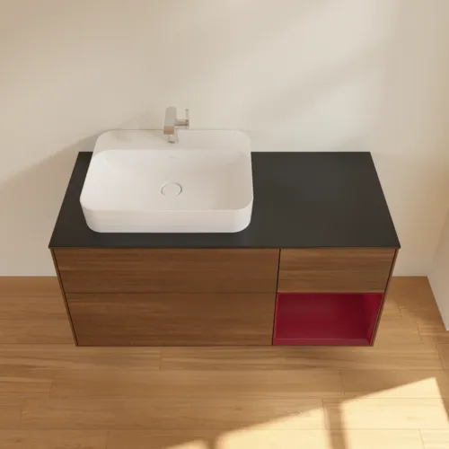 VILLEROY BOCH Toaletní skříňka Finion, s osvětlením, 3 výsuvy, 1200 x 603 x 501 mm, ořechová dýha / matný lak Pivoňka / černé matné sklo #F402HBGN, obrázek 4