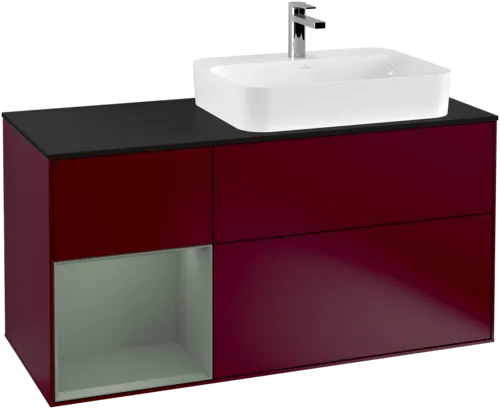 VILLEROY BOCH Toaletní skříňka Finion, s osvětlením, 3 výsuvy, 1200 x 603 x 501 mm, Pivoňka matný lak / Olivový matný lak / Sklo černé matné #F392GMHB, obrázek 1