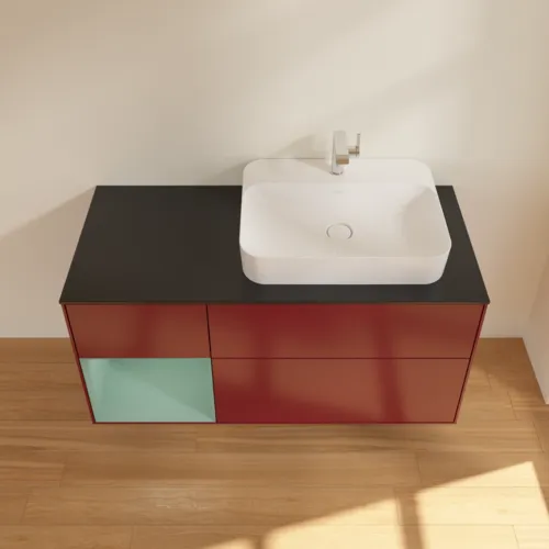 VILLEROY BOCH Toaletní skříňka Finion, s osvětlením, 3 výsuvy, 1200 x 603 x 501 mm, Pivoňka matný lak / Olivový matný lak / Sklo černé matné #F392GMHB, obrázek 4