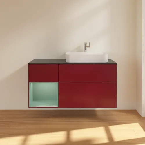 VILLEROY BOCH Toaletní skříňka Finion, s osvětlením, 3 výsuvy, 1200 x 603 x 501 mm, Pivoňka matný lak / Olivový matný lak / Sklo černé matné #F392GMHB, obrázek 3