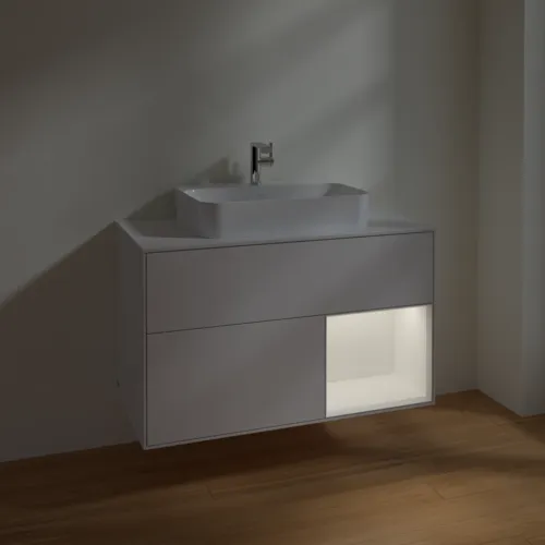 VILLEROY BOCH Umyvadlová skříňka Finion, s osvětlením, 2 výsuvy, 1000 x 603 x 501 mm, lesklý bílý lak / bílý matný lak / bílé matné sklo #F371MTGF, obrázek 5