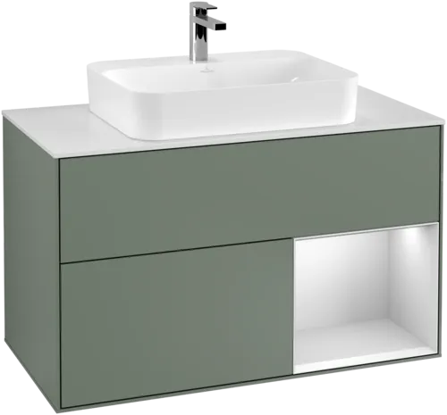 VILLEROY BOCH Toaletní skříňka Finion, s osvětlením, 2 výsuvy, 1000 x 603 x 501 mm, olivový matný lak / bílý matný lak / bílé matné sklo #F371MTGM