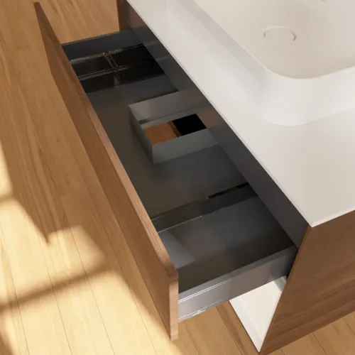 VILLEROY BOCH Umyvadlová skříňka Finion, s osvětlením, 2 výsuvy, 1000 x 603 x 501 mm, ořechová dýha / bílý matný lak / bílé matné sklo #F371MTGN, obrázek 8