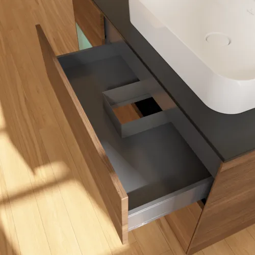 VILLEROY BOCH Toaletní skříňka Finion, s osvětlením, 3 výsuvy, 1200 x 603 x 501 mm, ořechová dýha / olivově matný lak / sklo černé matné #F392GMGN, obrázek 8