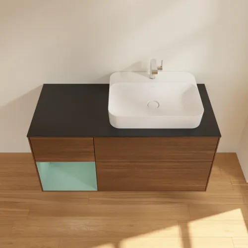 VILLEROY BOCH Toaletní skříňka Finion, s osvětlením, 3 výsuvy, 1200 x 603 x 501 mm, ořechová dýha / olivově matný lak / sklo černé matné #F392GMGN, obrázek 4