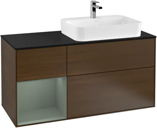 VILLEROY BOCH Toaletní skříňka Finion, s osvětlením, 3 výsuvy, 1200 x 603 x 501 mm, ořechová dýha / olivově matný lak / sklo černé matné #F392GMGN