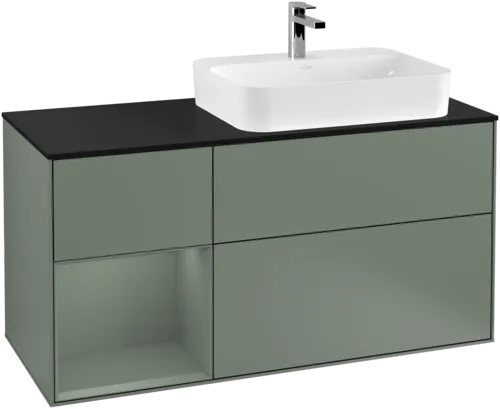 VILLEROY BOCH Toaletní skříňka Finion, s osvětlením, 3 výsuvy, 1200 x 603 x 501 mm, olivově matný lak / olivově matný lak / sklo černé matné #F392GMGM, obrázek 1