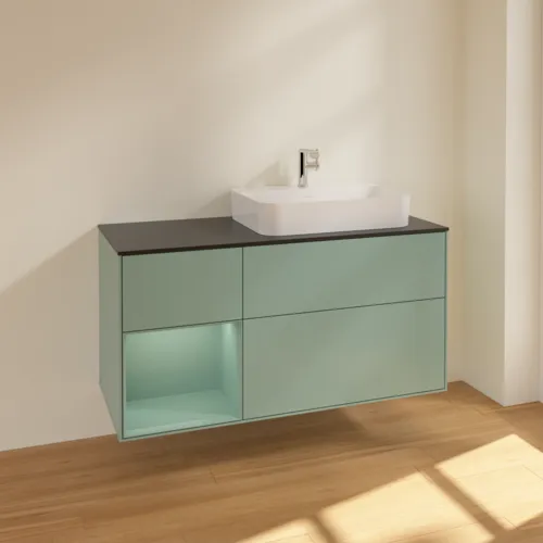 VILLEROY BOCH Toaletní skříňka Finion, s osvětlením, 3 výsuvy, 1200 x 603 x 501 mm, olivově matný lak / olivově matný lak / sklo černé matné #F392GMGM, obrázek 2