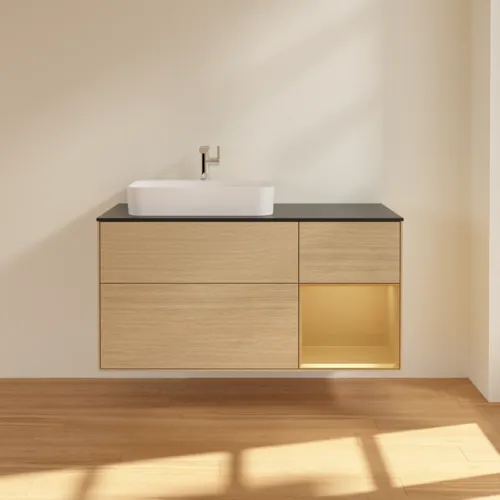 VILLEROY BOCH Toaletní skříňka Finion, s osvětlením, 3 výsuvy, 1200 x 603 x 501 mm, dubová dýha / zlatý matný lak / černé matné sklo #F402HFPC, obrázek 3