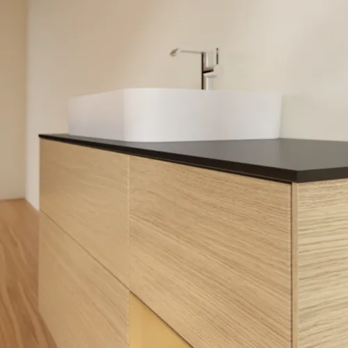 VILLEROY BOCH Toaletní skříňka Finion, s osvětlením, 3 výsuvy, 1200 x 603 x 501 mm, dubová dýha / zlatý matný lak / černé matné sklo #F402HFPC, obrázek 6